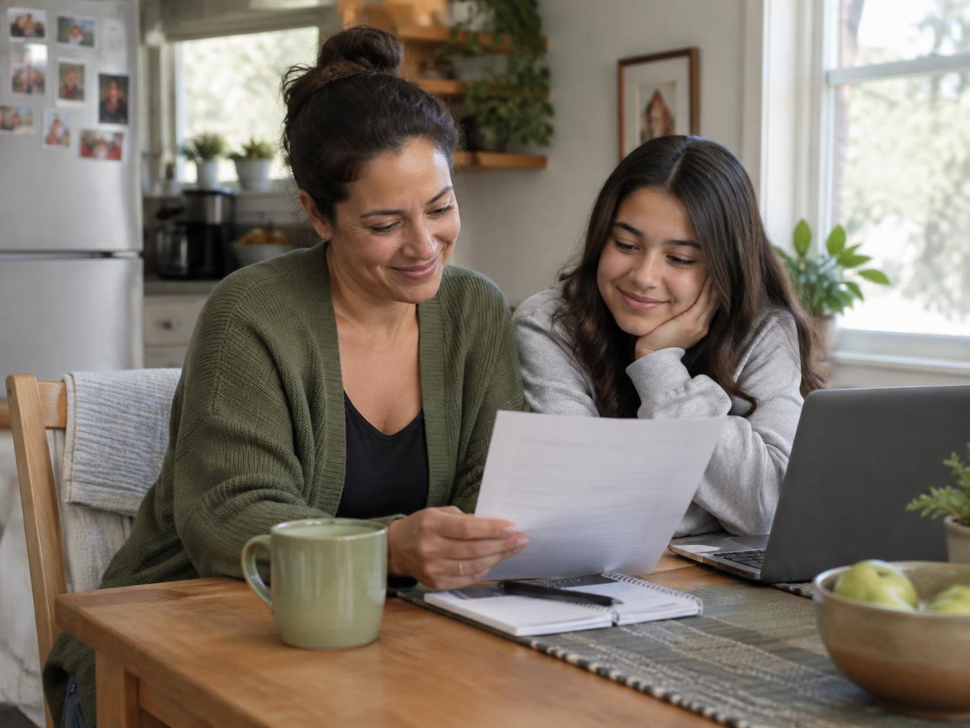 A mother and daughter reviewing household benefit information together