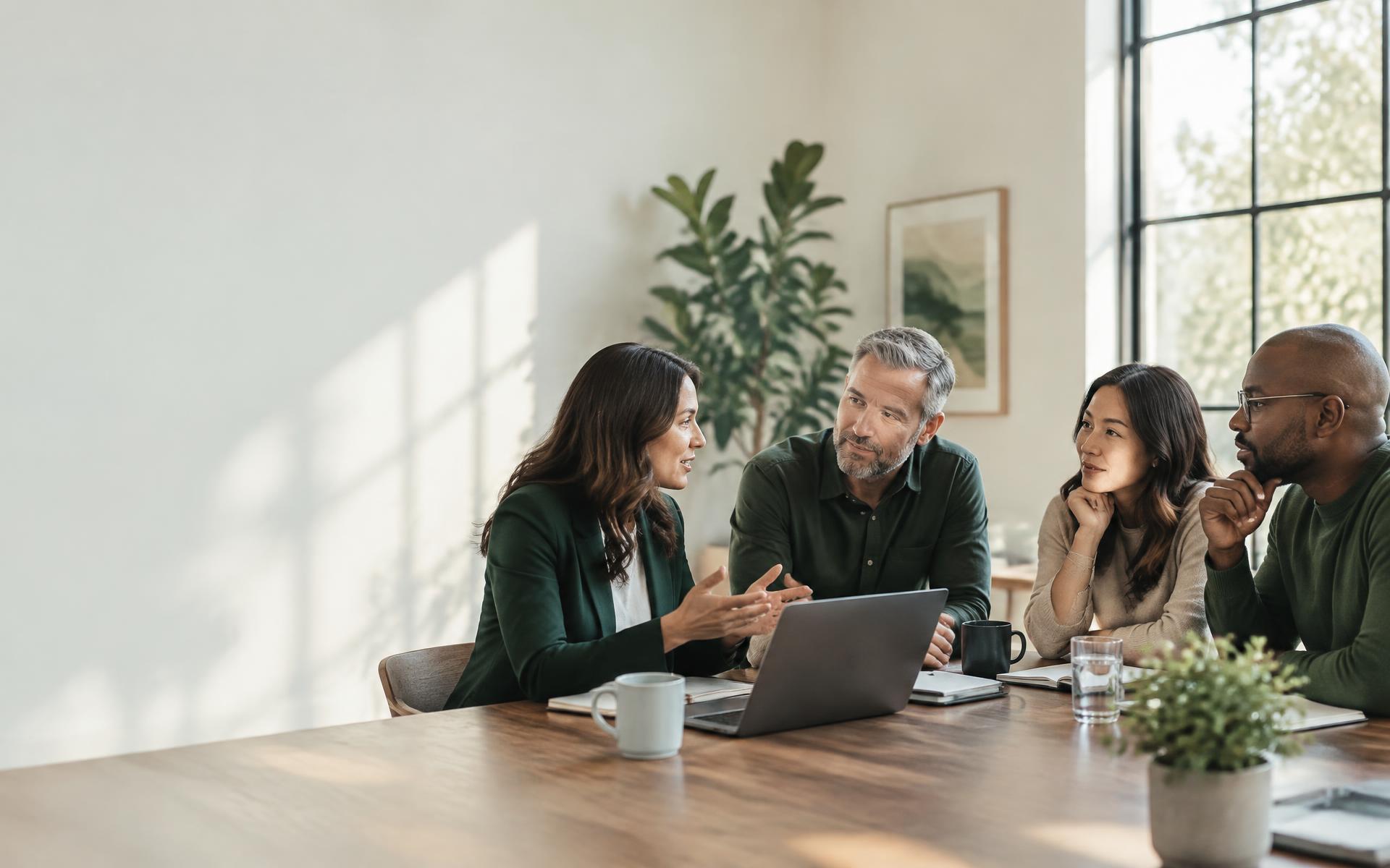 Benefits advisor meeting with a diverse small-business team